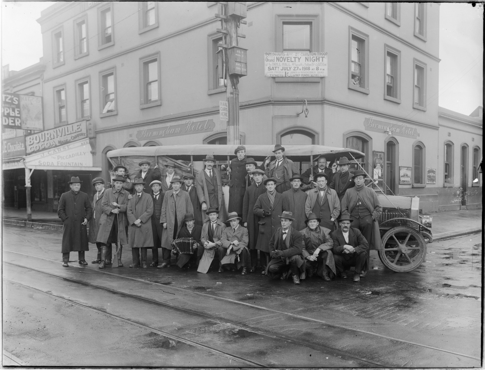 Group of male performers taking part in a Novelty Night, pictured outside the Birmingham Hotel, Fitzroy