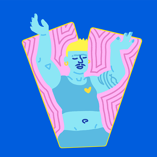 Victoria's Pride logo, a cartoon of a queer person dancing in front of the letter "V"