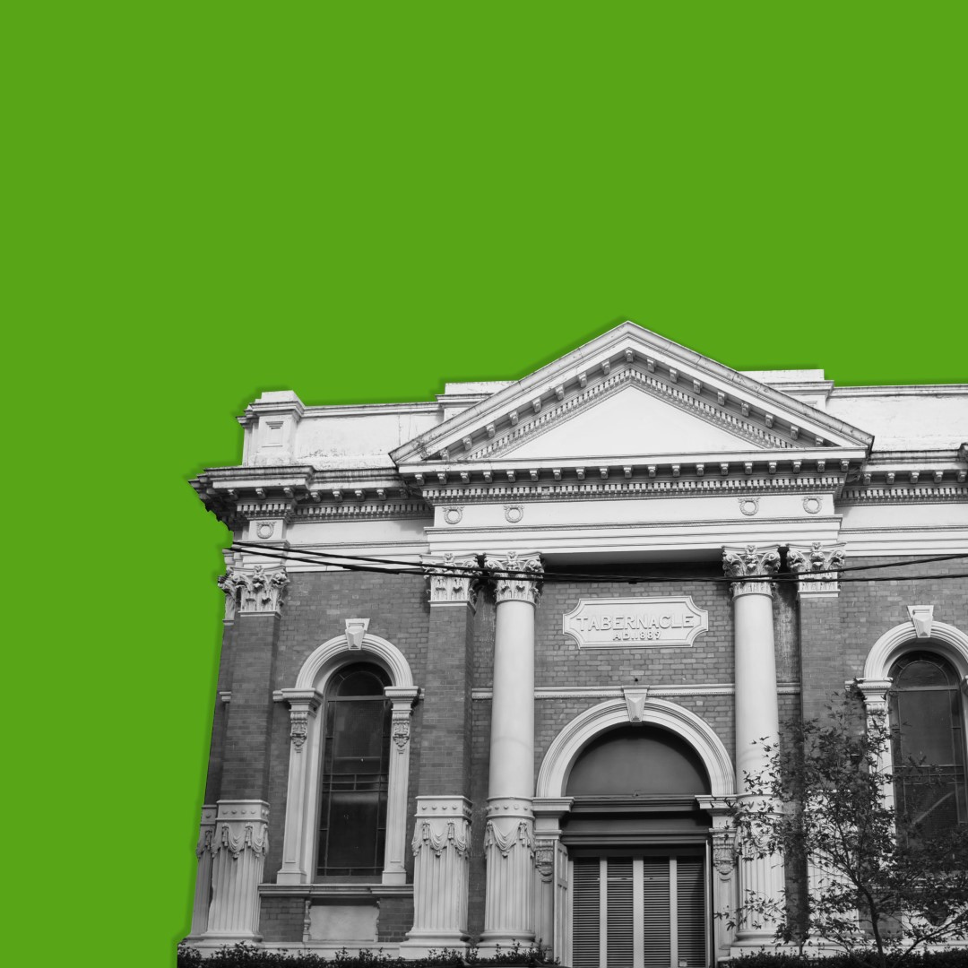 Black and white image of Collingwood Library on a green background. 