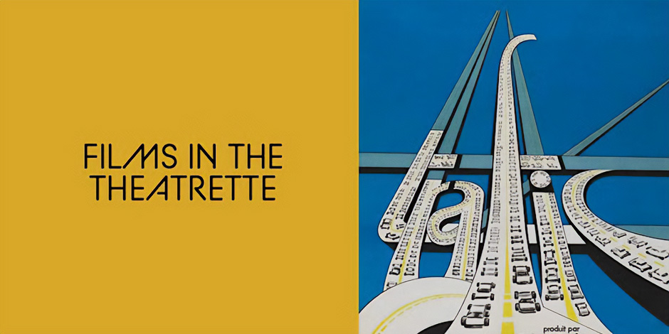 Image shows a yellow block of colour with the text "Films In The Theatrette" alongside a still from a film showing a rollercoaster with a blue sky in the background. 