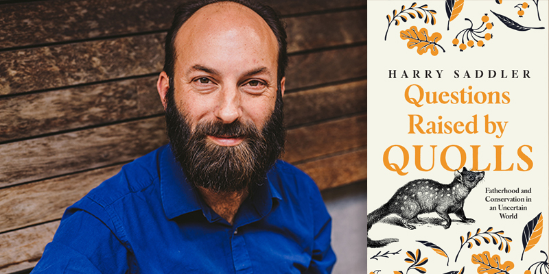 Harry Saddler pictured next to the cover of his book Questions Raised by Quolls