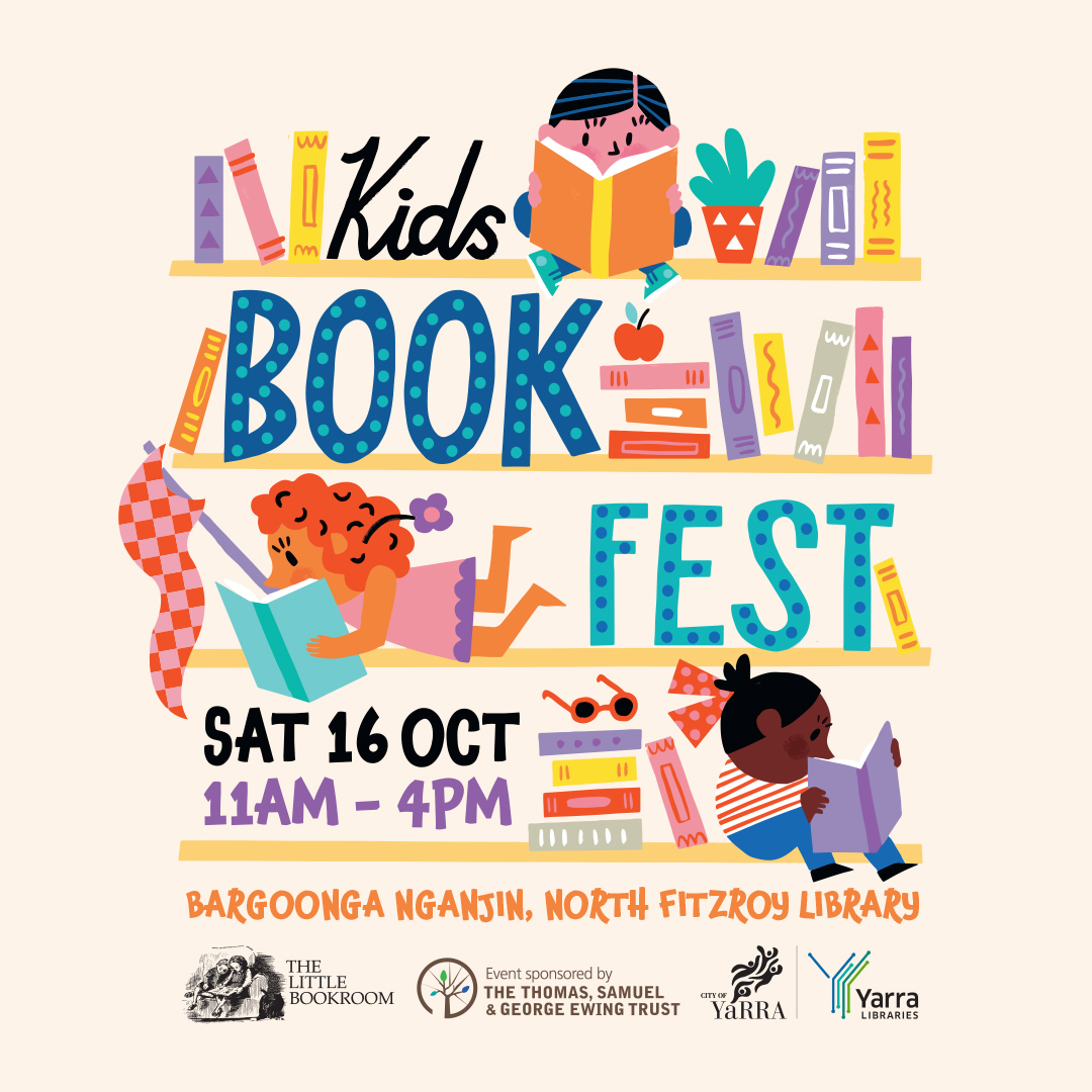 Kids Book Fest - illustrated graphic of children and bookshelves, with details reading Sat 16 Oct, 11am-4pm, Bargoonga Nganjin North Fitzroy Library