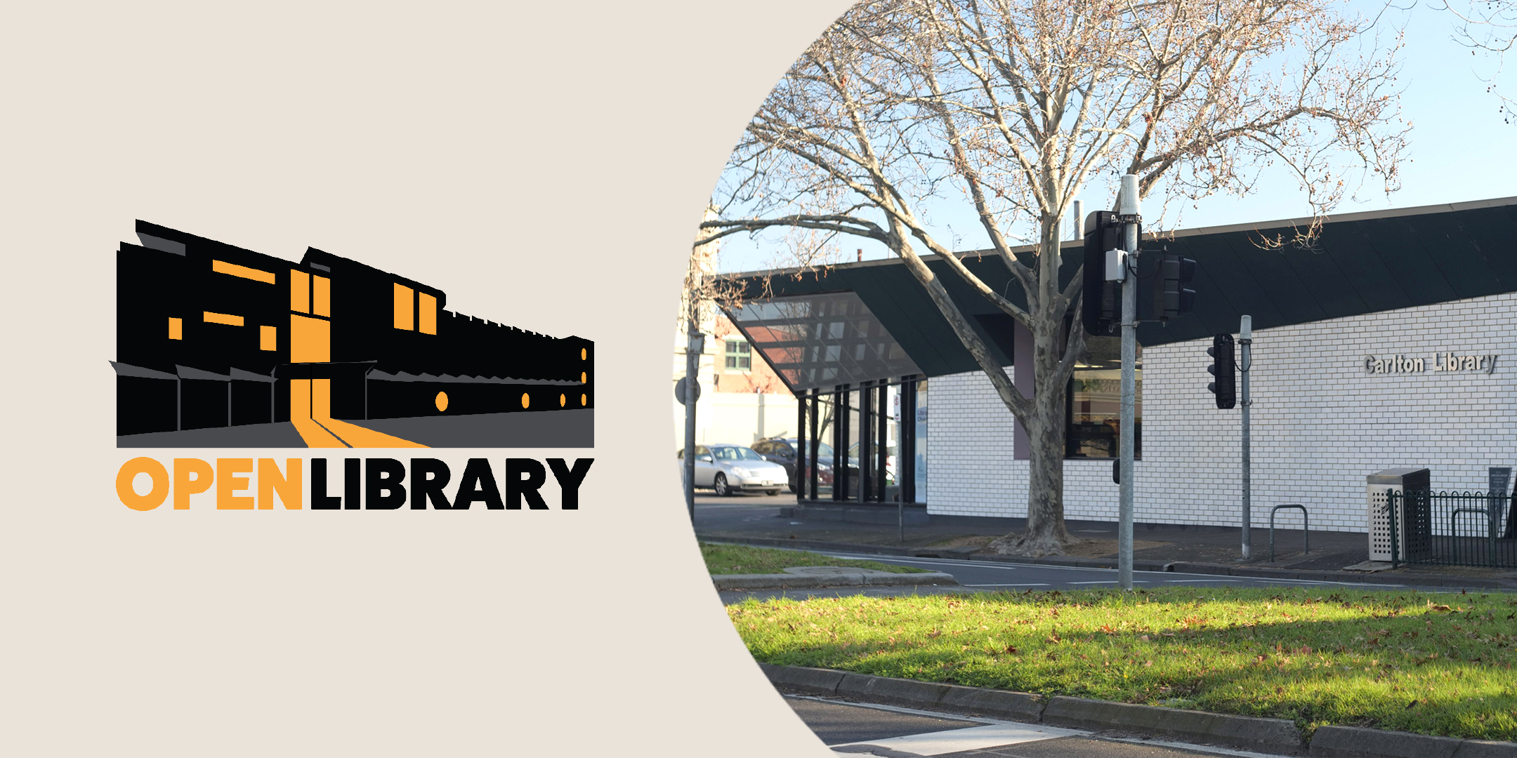 The Open Library logo is on the left hand side, with the exterior of Carlton Library on the right. 