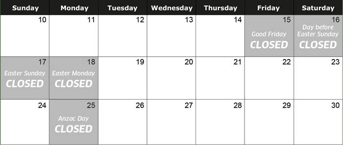 Calendar of closure dates for Easter period 2022