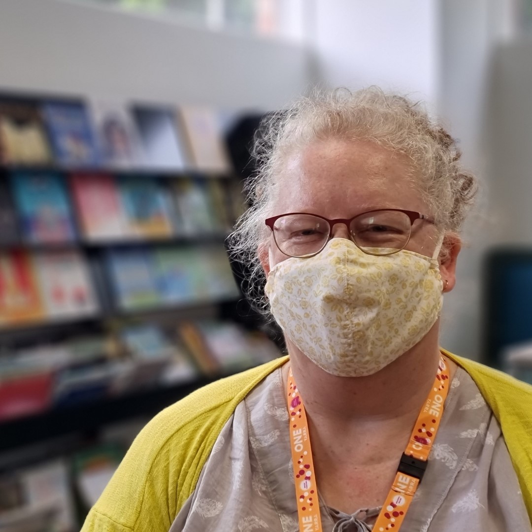 Children's Librarian wearing mask 