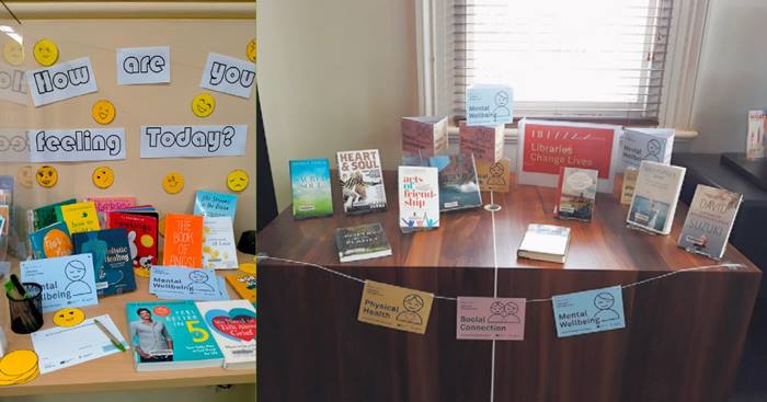Two photos of book displays in Yarra Libraries around mental wellbeing
