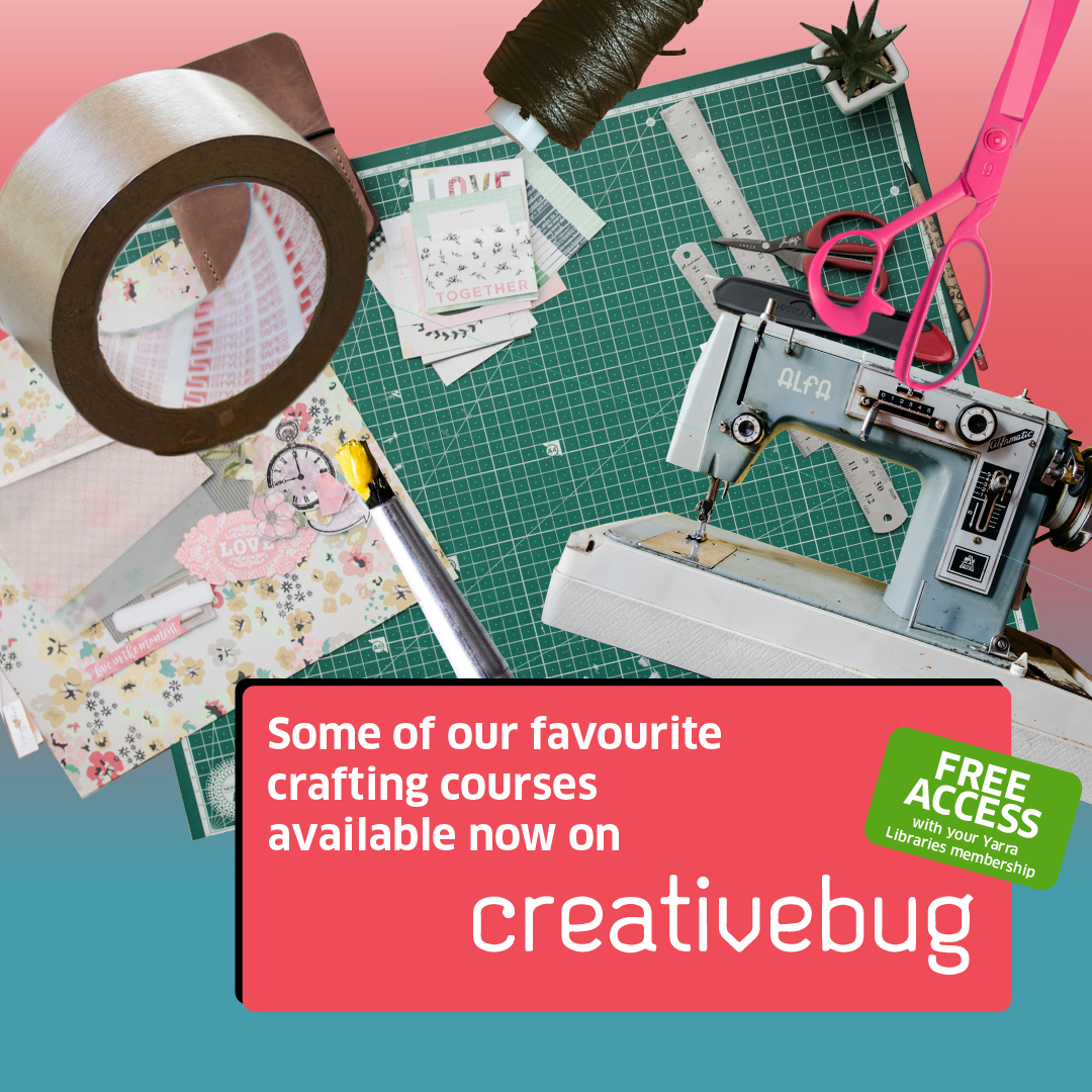 A collage-style graphic juxtaposing various craft items reading 'some of our favourite courses on Creativebug'.
