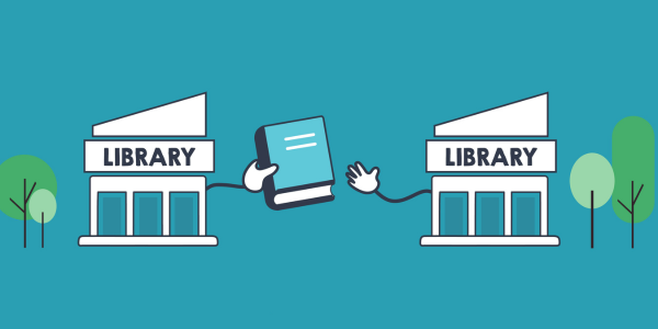 A cartoon image of two libraries passing a book between themselves by hand