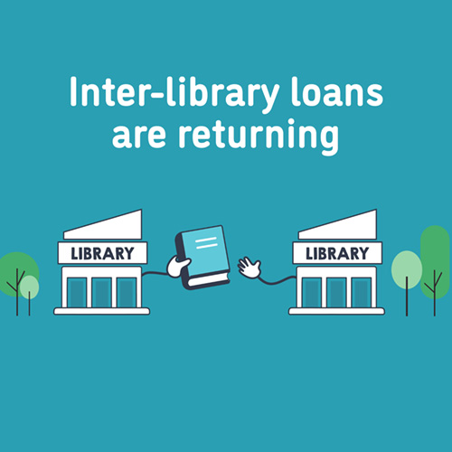 A blue coloured graphic shows two cartoon libraries passing a book between them with the words "Inter-library loans are returning" in text above