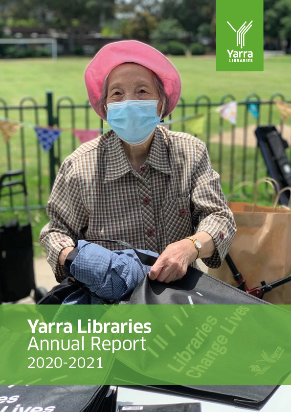 Woman with a mask working outdoors for Yarra Libraries. 