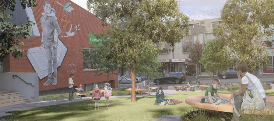 Render of concept plan of pocket park showing figures enjoying and relaxing in the space on Charlotte Street, outside the Richmond Library.